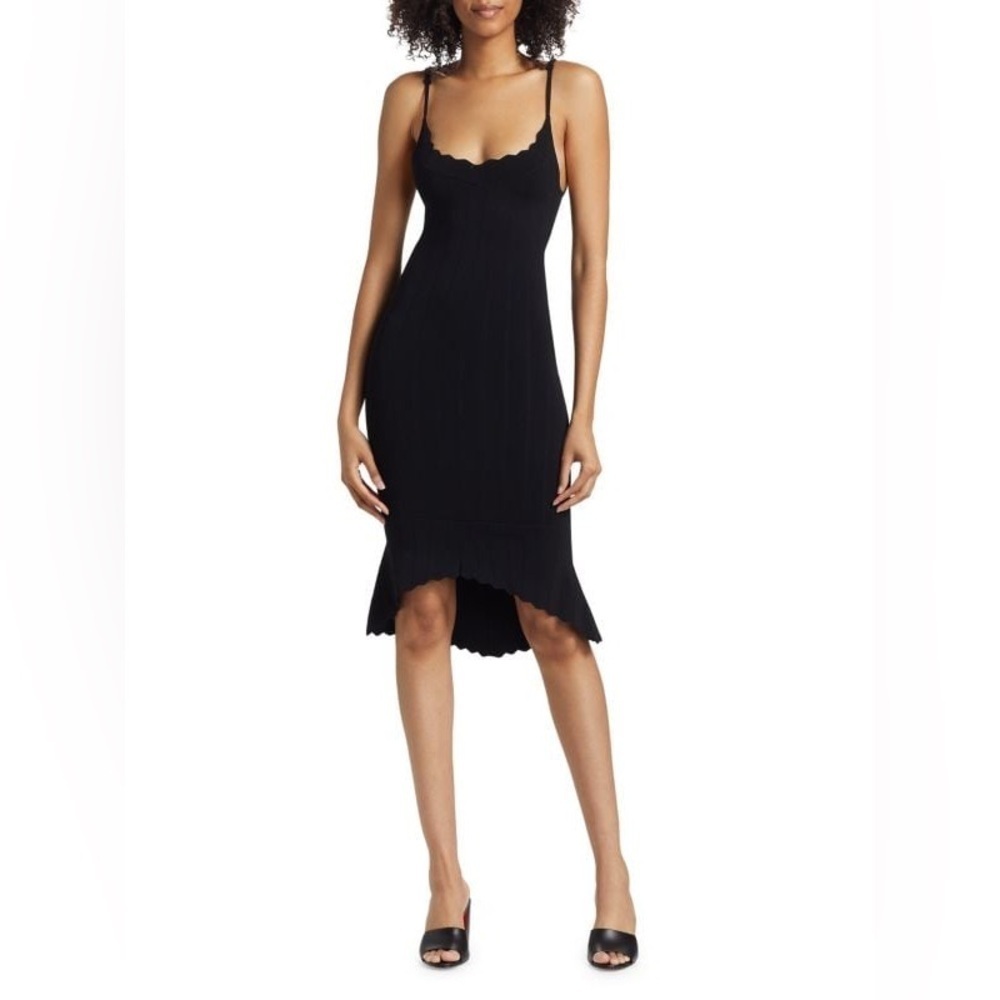 L’AGENCE Asa Knit Bodycon Scalloped Edge Asymmetric Hem Black Dress Medium NWT